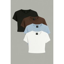 Öz Pamuk Kadın 4 Lü Adet Fitilli %100 Pamuklu Bisiklet Yaka Örme   Crop T-Shirt