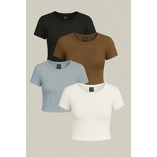 Öz Pamuk Kadın 4 Lü Adet Fitilli %100 Pamuklu Bisiklet Yaka Örme   Crop T-Shirt