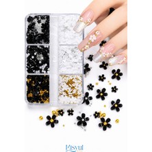 Misyul Tırnak Süsleme Black & White Çiçek Charm Seti, Nail Art Tırnak Süslemesi