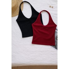 Öz Pamuk Kadın Çapraz Halter Yaka Kolsuz 2 Li Fitilli Crop Basıc Atlet Bluz
