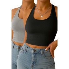 Öz Pamuk Kadın Oval Yaka Kolsuz 2 Li Adet Fitilli Crop Basıc Atlet Bluz