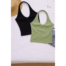 Öz Pamuk Kadın Çapraz Halter Yaka Kolsuz 2 Li Fitilli Crop Basıc Atlet Bluz