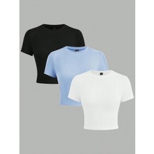 Öz Pamuk Kadın 3 Lü Adet Fitilli Pamuklu Bisiklet Yaka Örme Crop T-Shirt