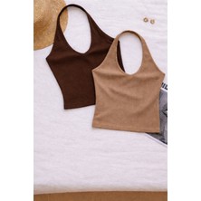 Öz Pamuk Kadın Çapraz Halter Yaka Kolsuz 2 Li Fitilli Crop Basıc Atlet Bluz