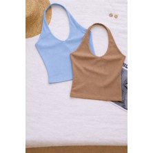 Öz Pamuk Kadın Çapraz Halter Yaka Kolsuz 2 Li Fitilli Crop Basıc Atlet Bluz