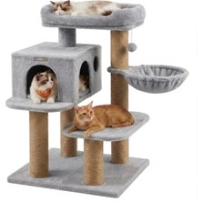 Roma Gri Çok Katlı Yıkanabilir Wellsoft Kumaş Ağır Mdf Taban Kedi Tırmalama ve Oyun Evi Kedi Ağacı