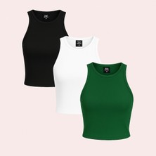 Öz Pamuk Kadın 3 Lü Adet Fitilli %100 Pamuklu Örme Kaşkorse Crop  Atlet Bluz