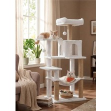 Atina Kül Beyazı Çok Katlı Yıkanabilir Wellsoft Kumaş Ağır Mdf Taban Kedi Tırmalama ve Oyun Evi Kedi Ağacı