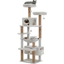 Lizbon Kül Beyazı Çok Katlı Yıkanabilir Wellsoft Kumaş Ağır Mdf Taban Kedi Tırmalama ve Oyun Evi Kedi Ağacı