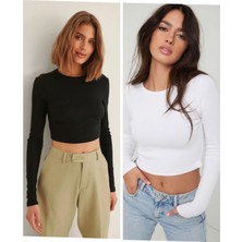 Öz Pamuk Kadın 2 Li Adet Fitilli %100 Pamuklu Bisiklet Yaka Örme Kaşkorse Uzun Kol Crop Bluz