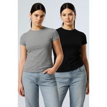 Öz Pamuk Kadın 2 Li Adet Fitilli %100 Pamuklu Bisiklet Yaka Crop Değildir Örme Kaşkorse Uzun T-Shirt
