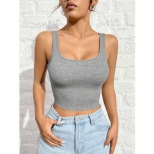 Öz Pamuk Kadın Fitilli Pamuklu Örme Kaşkorse Kare Yaka Crop Askılı Bluz Atlet