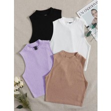 Öz Pamuk Kadın 4 Lü Adet Fitilli Pamuklu Örme Kaşkorse Crop Bluz Atlet