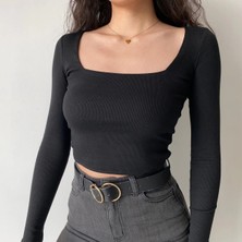 Öz Pamuk Kadın Kare Yaka Fitilli Kaşkorse Crop Uzun Kollu Bluz