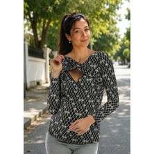 Perla Blanca Geometrik Desenli Siyah Krem Emzirme Bluz