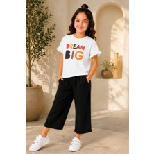 Luniva Butik Dream Big Baskılı Kız Çocuk Fırfır Kollu Tişört ve Bol Paça Pantolon 2'li Takım – Siyah Pantolon