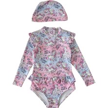 Petityu UPF50+ Güneş Korumalı Unicorn Mavi Pembe Boneli Yeni Mayo ve Bone Set