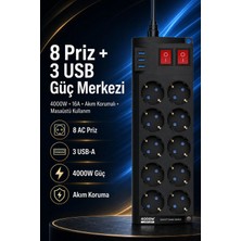 The Wlue 8'li Priz | 4000Watt |16A | Akım Korumalı | 2 Metre Uzatma Kablosu | 3xUSB-A | 2.1A