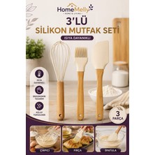 Btm Home 3’lü Silikon Mutfak Seti Çırpıcı Spatula Fırça Isıya Dayanıklı Bambu Saplı