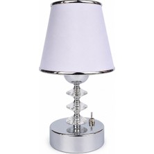 Fey Atelier Fey Abajur Pilli Kablosuz LED Abajur El Yapımı Krom Kristal Dekoratif Masa Lambası Beyaz Kumaş Şapkalı 25 cm Pilli Gece Lambası Pilli çalışma lambası