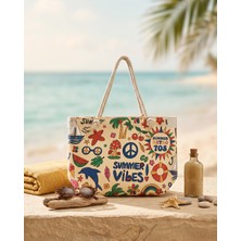 Lyra Summer Vibes Renkli Illüstrasyonlu Fermuarlı Astarlı Plaj Çantası