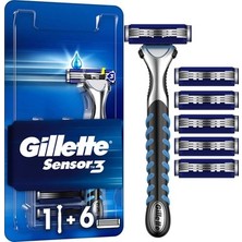 TeknoKapsül Gillette Sensor3 Tıraş Makinesi - 3 Bıçaklı, Kayganlaştırıcı Bant ve Oynar Başlık Ile, 1 Adet + 6