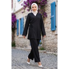 Hafsa Mina Yandan Bağlamalı Kimono Takım Siyah HM2935