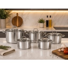 Sastech Akyıldız Luna Collection 10 Parça Çelik Tencere Seti — 18/10 Paslanmaz Çelik 18-20-22-24-32 cm -   3 Adet Baharatlık Hediyeli