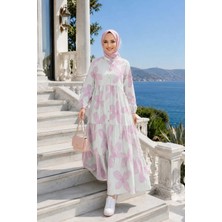 Harma Time Butik Kadın Düğmeli Modal Desenl Pembe Elbise