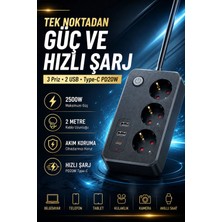 The Wlue 3'lü Akım Korumalı Priz 2500W | 2x USB-A + Type-C PD 20W | 2 Metre Uzatma Kablosu