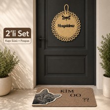 Bert 2'li Set Hasır Hoşgeldiniz Kapı Süsü ve Kedi Desenli "kim O" Yazılı Dış Kapı Paspası Takımı