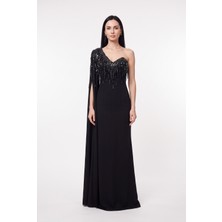 Bdm Exclusive Couture Tek Omuz Taş Detaylı Uzun Abiye Elbise