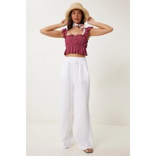 Tena Kadın Ekru Beli Lastikli Bol Paça Muslin Pantolon