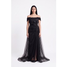 Bdm Exclusive Premium Tül Drape Detaylı Straplez Uzun Abiye Elbise