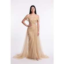 Bdm Exclusive Premium Tül Drape Detaylı Straplez Uzun Abiye Elbise