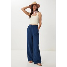 Tena Kadın Lacivert Beli Lastikli Bol Paça Muslin Pantolon