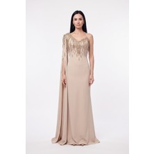 Bdm Exclusive Couture Tek Omuz Taş Detaylı Uzun Abiye Elbise