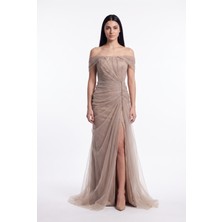 Bdm Exclusive Premium Tül Drape Detaylı Straplez Uzun Abiye Elbise