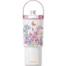Diller 880ML Sevimli Desenli Tumbler Pipetli/pipetsiz Kullanım Kulplu Paslanmaz Çelik Termos