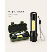 3 Modlu Şarjlı El Feneri Ayarlanabilir Zoom Cob Yan Işıklı Güçlü LED Kamp Feneri USB Type C Şarjlı Taşıma Kutulu Acil Durum Avcılık Outdoor Feneri
