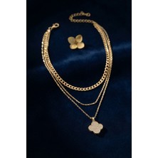 Havor Gold Renk Pirinç Yonca Detaylı Kadın Kolye Kombini