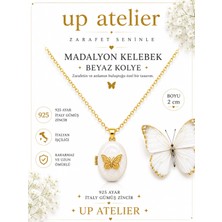 Up Atelier 925 Ayar Gümüş Ithal Zincirli Beyaz Sedefli Gold Kelebek Madalyon Kolye 40-45CM Ayarlanabilir