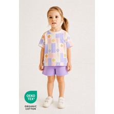 Luppinos %100 Pamuk Çiçek Baskılı Bisiklet Yaka Çift Cepli Bebek-Çocuk Tshirt Şort Set