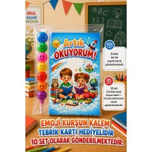 Nostaljik Lezzetler Yeni Okumayı Öğrenen Öğrencilere Hediye 10 Set  Artık Okuyorum Yazılı 1. Sınıf Hatırası Emoji Kurşun Kalem Tebrik Kartı Hediyeli