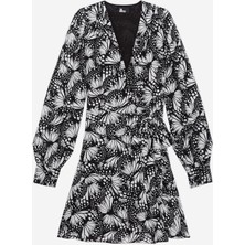 The Kooples Kadın V Yaka Uzun Kollu Desenli Siyah Kısa Elbise