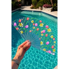 Haki Store Şeffaf Renkli Lale ve Nergis Çiçek Desenli Katlanır Yelpaze Yazlık Plaj Havuz Festival Aksesuarı Glitter Detaylı  El Yelpazesi