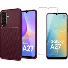 Coolacs Samsung Galaxy A27 Uyumlu Karbon Tasarım Silikon Telefon Kılıfı ve Temperli Cam Ekran Koruyucu