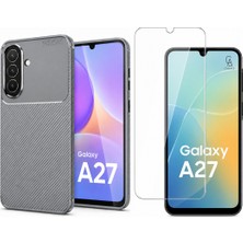 Coolacs Samsung Galaxy A27 Uyumlu Karbon Tasarım Silikon Telefon Kılıfı ve Temperli Cam Ekran Koruyucu