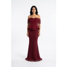 Bdm Exclusive Dantel Dokulu Drape Kollu Uzun Abiye Elbise