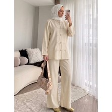 RFK Butik Kadın Önü Britli Keten Pantolonlu Tesettür Takım - Bej